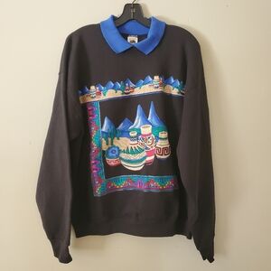 Vintage Pottery Silk Screen South Western Crewneck Pullover Blue Black Size XL